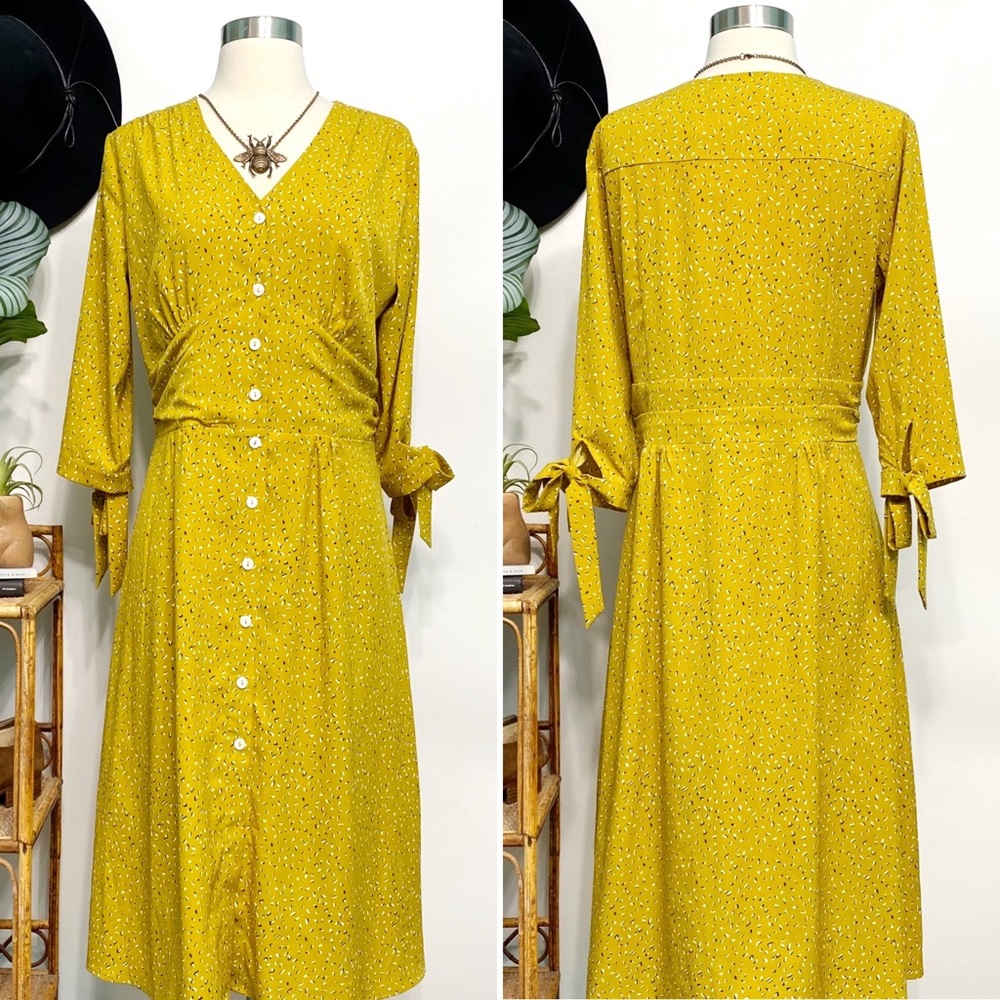 modcloth | simple retro mustard geo print tie-sleeve midi dress l - Picture 11 of 12